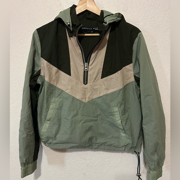 Veronica Beard Avery Half Zip Hooded Green and Cream Utility Jacket - Size Small - Picture 3 of 12